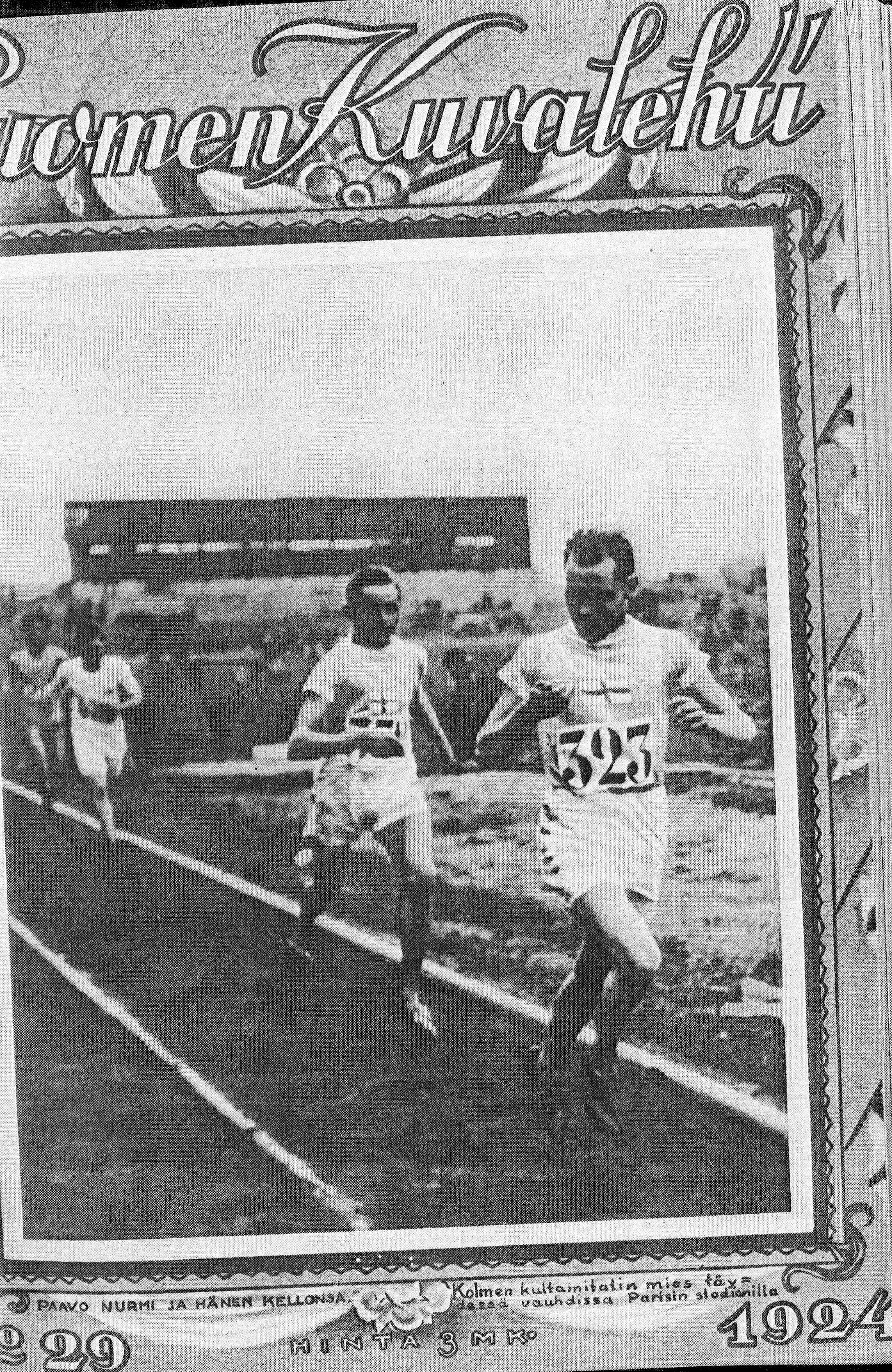 Paavo Nurmen kuvattiin usein juoksevan ”Yksin aikaa vastaan.” Nurmi päätyi kelloineen myös Suomen Kuvalehden kanteen Pariisin olympiakesänä 1924.