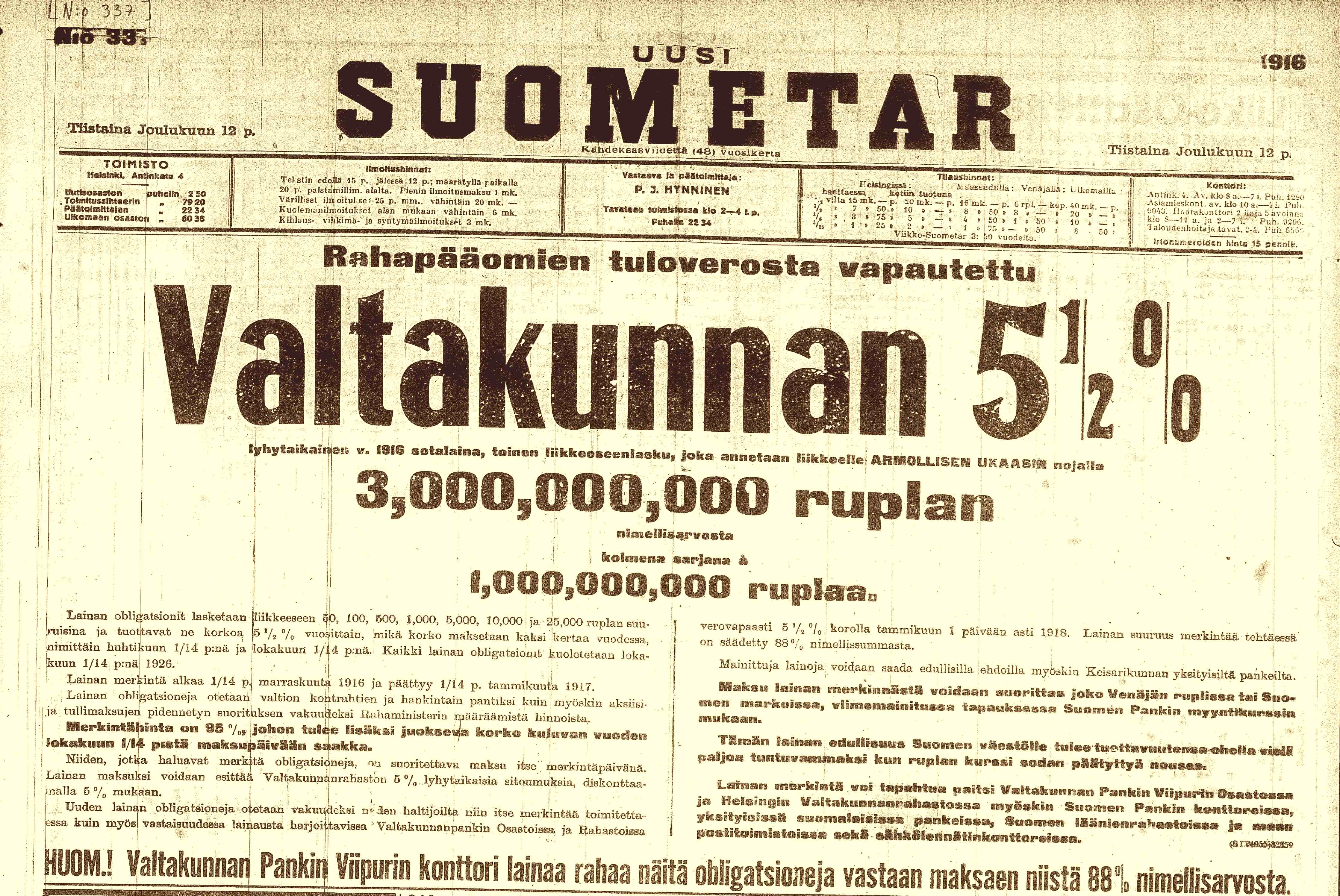 Venäjän sotaobligaatioiden myynti-ilmoitus Uudessa Suomettaressa joulukuussa 1916.